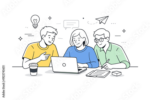 Startup culture. Small team collaborating around a laptop and notes, exchanging ideas in a calm, focused atmosphere. Scene reflects