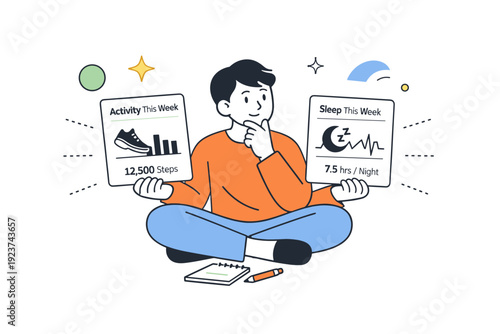 Personalized health tracking. A friendly character comparing weekly activity and sleep stats on simple cards. Quiet reflection and balanced
