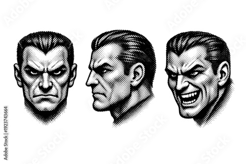 Pop culture halftone villain face A stylized villain face character object shown in three views including neutral front view, side view, and