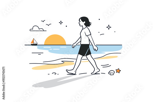 Sunset beach walks barefoot. Person walking parallel to the shore with long soft shadows stretching across the sand. Visual rhythm of