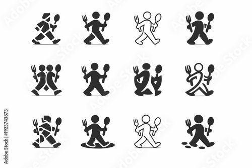 Food tasting tours. Icon set. Set Logo of Food tasting tours: walking tour with utensils. harmonious logo variations of the same emblematic