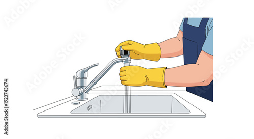 Hands in yellow gloves cleaning or maintaining a kitchen sink drain with water running from the faucet.