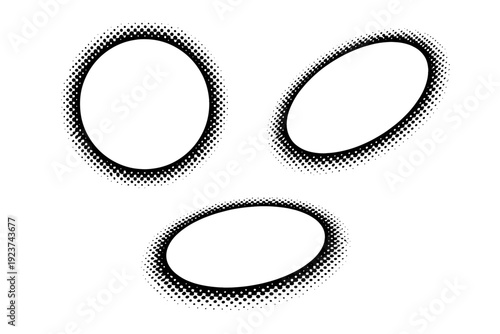 Comic halftone dots circular border, a single circular frame border object displayed in straight-on front view, tilted view, and three-quarter angled view