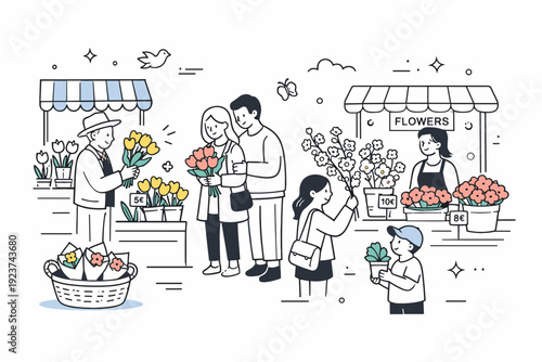 Spring flower markets before holidays. A calm scene of an outdoor market with flower stalls filled with tulips, daffodils, and blossoms, with customers gently