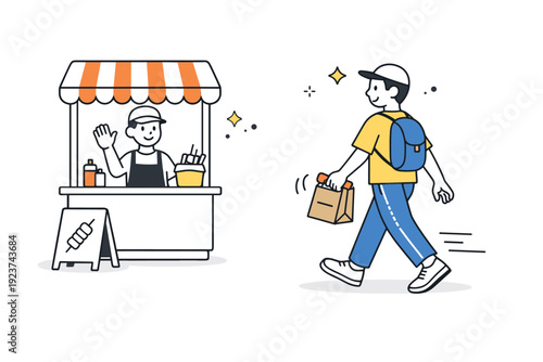 street food takeaway. A customer walking away with a paper bag of street food, small stars and dots emphasizing friendly interaction, casual
