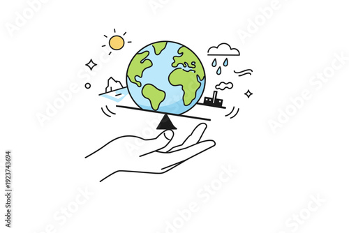 Fragile future metaphor. Earth depicted as a balancing object on a person?s hand, with unstable elements gently tilting. Careful hope mixed with uncertainty