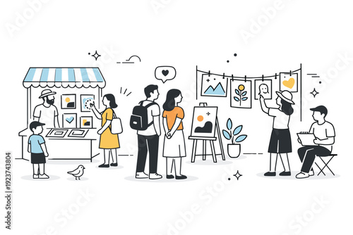 Art festival outdoors. A calm editorial scene with people browsing art stalls and hanging illustrations in an open space. The mood highlights creativity,