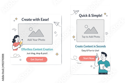 Social media content templates. Abstract post and story frames with image placeholders, captions and buttons, expressing clarity and ease of content creation.