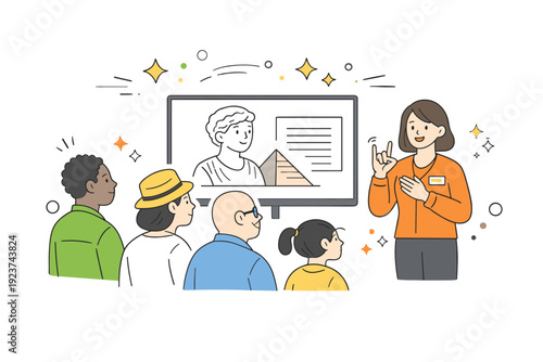Accessible Museum Interaction. Sign language interpretation at exhibits. A museum guide using sign language next to a display screen, with a small group of