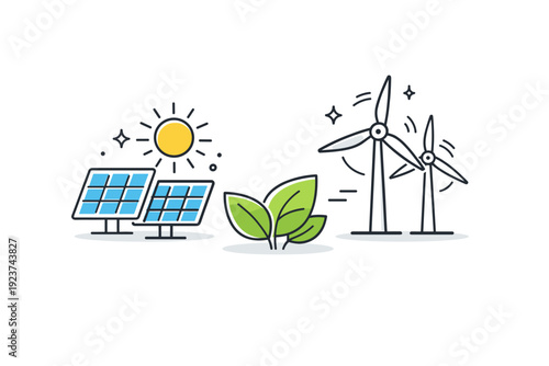Renewable energy symbols. A combined set of solar panels, wind turbines and leaf icons in a unified style. Sustainable future concept with