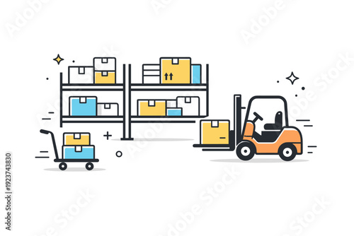 Warehouse operations. Minimal icon scene with shelves, boxes, and a simple forklift or cart, symbolizing organized storage and fulfillment processes. Mood of