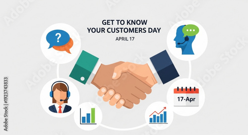 Get to know your customers day april 17 business illustration with handshake and icons