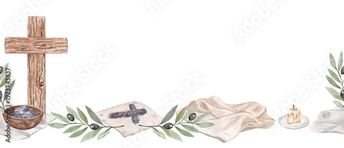 Fotografie Wooden cross, ash cross, bowl of ash, candle stub, olive branches, folded linen cloth watercolor seamless religious border on white background
