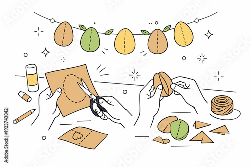 Easter recycled paper decor. Hands cutting and folding recycled paper to create simple Easter eggs and garlands on a clean table. Calm