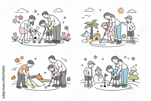 Seasonal mini-golf visits. Family-friendly mini-golf moment with adults and children playing together, relaxed guidance and shared fun, soft