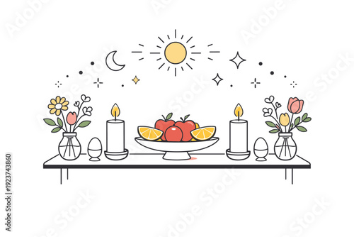 Minimal spring equinox altar. A small table with fresh flowers, candles, and seasonal fruit arranged symmetrically, floating abstract dots