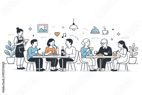 Restaurant interior dining scene. Guests sitting at tables enjoying meals in a bright, airy space with modern minimalist furniture and subtle decorative