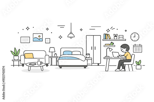 Minimalist studio apartment. An open-plan space combining living, sleeping, and working areas. Calm organization and visual clarity create a