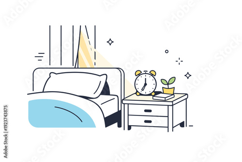 Morning light earlier than usual. A bed and bedside table softly lit by early sunlight, curtains barely open. Quiet awakening and gentle