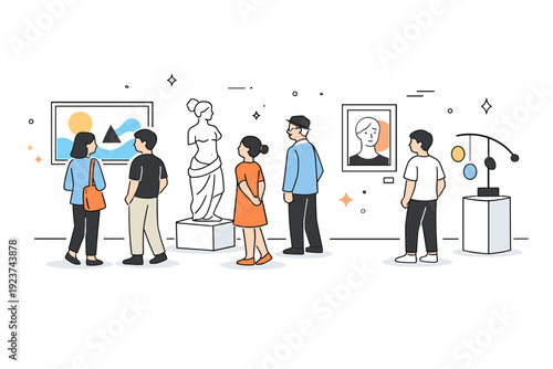 World Art Day gallery scene. Visitors slowly walking through a modern art exhibition, observing paintings and sculptures with curiosity and