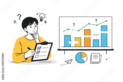 Decision making with missing data. A person looking at an incomplete chart with gaps, calmly weighing options while holding a checklist.