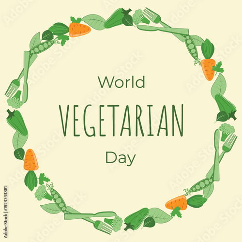 Celebrating World Vegetarian Day, fork and knife, cutlery and vegetables, leaves, greens, healthy eating