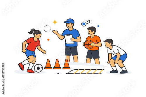 Team Training Harmony. Team sports illustrating training and discipline with a small group practicing together around simple sports equipment, communicating