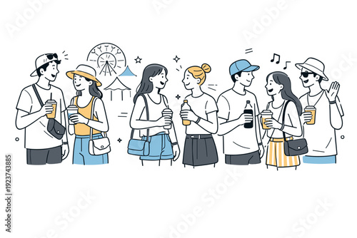 Summer festivals crowd details. Group of festival visitors chatting and smiling, drinks and small bags in hand. Casual social interactions