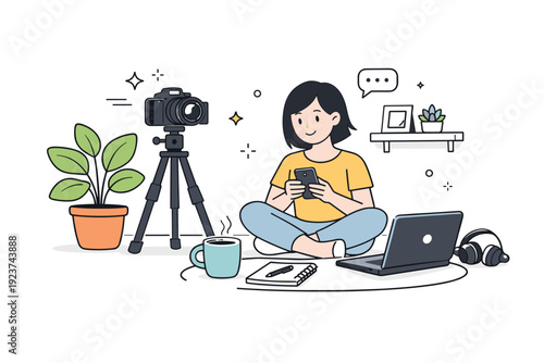 Behind the scenes creator lifestyle. A relaxed home setup shows a camera, tripod, plants, and coffee cup, suggesting casual preparation