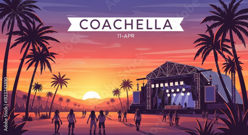 Coachella music festival at sunset with palm trees and stage
