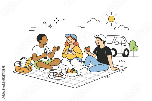 Spring Road Trip Delight. Spring weekend road trip fun. A picnic-style break with a blanket, simple food, and friends sitting casually outdoors. Easy laughter,