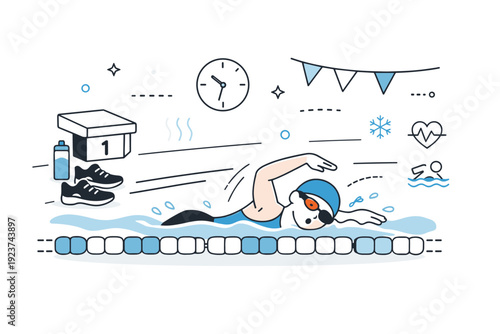 Cross-training for runners in winter. A swimming pool training scene with a runner swimming laps indoors, smooth motion lines and low-impact