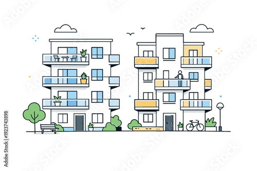 Modern residential buildings. Contemporary apartment buildings with balconies and simple details, quiet and friendly urban living scene. The