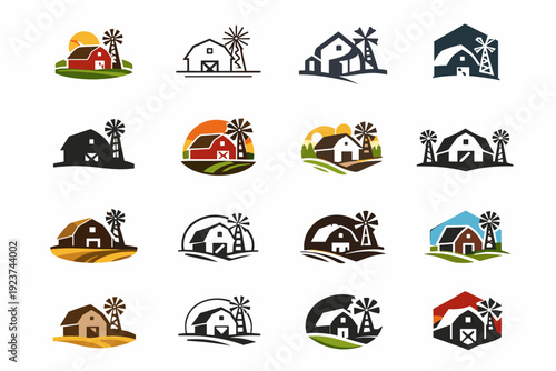 A rustic farmhouse with a windmill in the distance. Icon set. Set Logo of A rustic farmhouse with a windmill in the distance: front view of