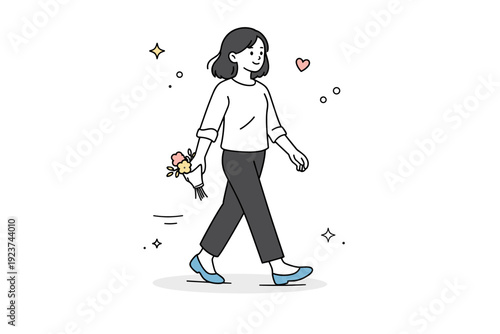 Women holding flowers while walking. A woman walks calmly down the street holding a small bouquet at her side. Gentle movement, everyday