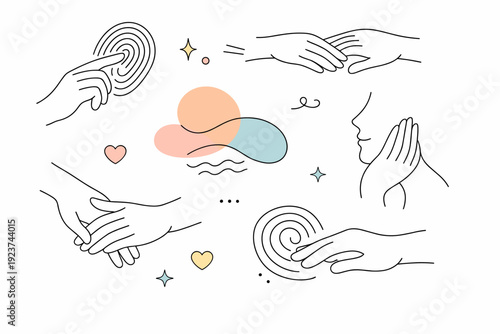 Human touch abstract forms. Flowing shapes inspired by fingerprints, skin contact, and natural curves, arranged in a calm editorial layout. Subtle movement