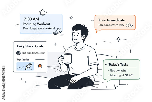 AI personalization in lifestyle scenes. Morning routine with smart reminders, curated news, and gentle prompts floating near a person.