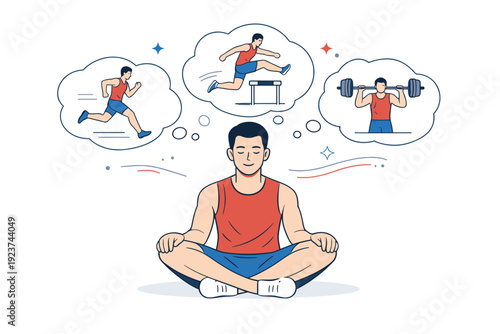 Athlete mindset visualization practice illustration. A calm editorial scene showing an athlete sitting quietly with eyes closed, imagining