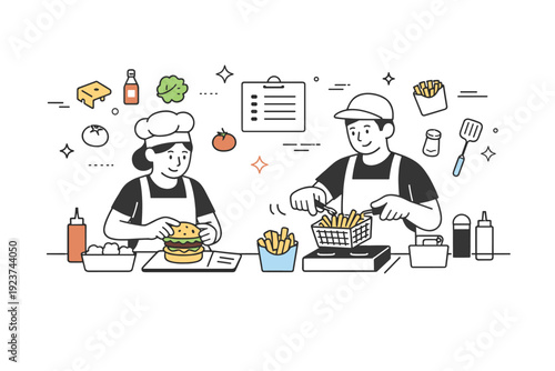 Fast food kitchen. Chefs preparing burgers and fries in a clean organized kitchen, small icons of utensils and ingredients floating around to emphasize
