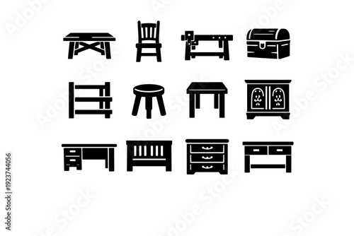 Handcrafted Wood Furniture. Solid icon set of Handcrafted Wood Furniture: hand-planed table, crafted chair, joinery bench, wooden chest,