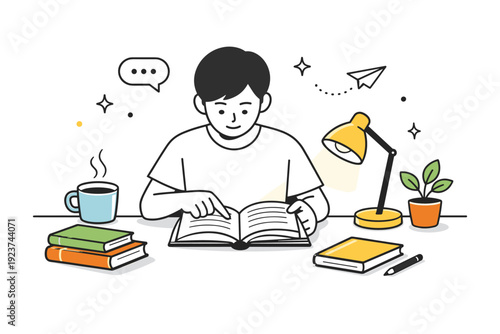 Soft natural light realism. Individual reading at a desk with warm daylight falling across books and hands. Focused calm and tactile realism. Minimalist flat