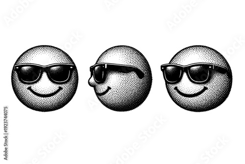 Smiley face with sunglasses icon object shown in three views including front view, side view, and three-quarter view focusing on eyewear thickness and face