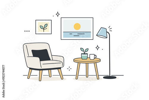 Simple home refresh. A clean interior corner with a chair, lamp, and wall art slightly repositioned, showing small but thoughtful updates. The mood is quiet