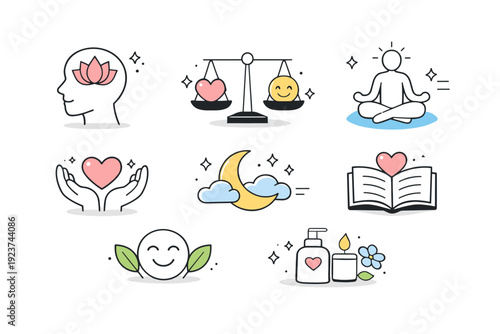 Mental health icons. Soft abstract icons symbolizing calm mind, emotional balance and self-care, arranged with generous spacing and visual clarity. The scene