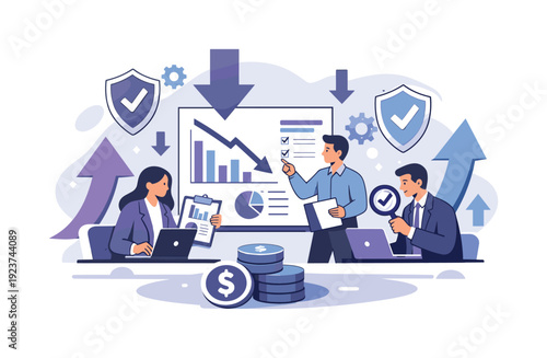 Policy Analysis Scene. Government response. Policymakers analyzing data and support measures, stabilizing