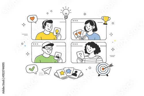 Remote team culture building. Team members participating in a virtual team-building activity, calm engagement and shared focus. Lighthearted