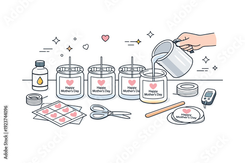 Mother?s Day candle pouring. Preparing candle jars with wicks and labels on a clean table, gentle organization and thoughtful gift-making mood, simple tools