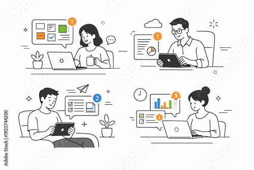 Distributed team workflow. Team members on laptops and tablets in home or office setups, reviewing shared boards and documents without live