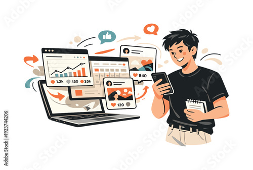 Social media management on smartphones and computers. Marketer holding a smartphone while