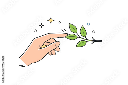 Hands touching new leaves. A gentle hand reaching toward fresh green leaves on a small branch, fingers barely making contact. Quiet curiosity